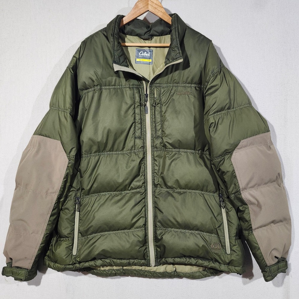 Cabelas Mens 2XL Tall 650 Down Puffer Jacket Olive Green Reinforced Elbows Tall